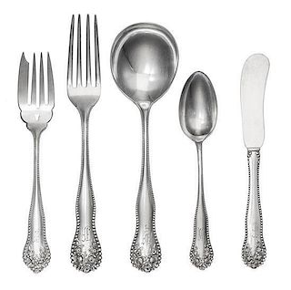 An American Silver Flatware Service, Gorham Mfg. Co., Providence, RI, 1882, Lancaster pattern, comprising: 12 dinner forks 11 sa