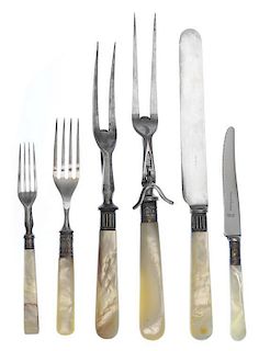 * A Collection of Mother-of-Pearl Handled Flatware, , comprising: 2 carving forks 1 carving knife 12 luncheon forks 1 dessert kn