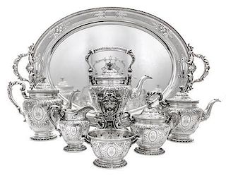 * An American Silver Seven-Piece Tea and Coffee Service, Gorham Mfg. Co., Providence, RI, 1914, comprising a water kettle on sta