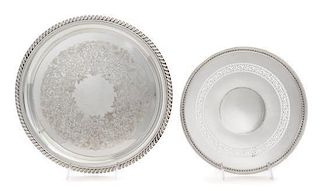Two American Silver-Plate Serving Trays, 20th Century, one having pierced foliate decoration, the other with a gadrooned rim.