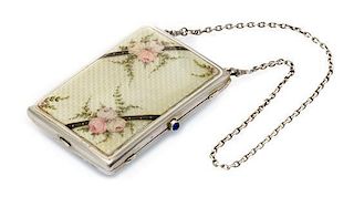 * An American Guilloche Enamel and Silver Compact, , the case decorated with yellow guilloche enamel with painted leaves and flo