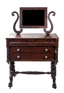 * An American Classical Mahogany Dressing Chest on Stand Height 58 1/2 width 36 x depth 19 3/4 inches.