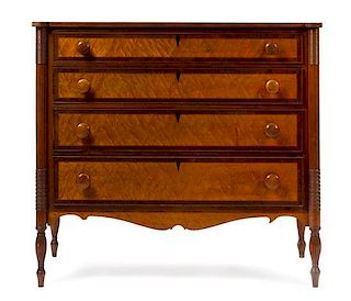 * An American Mahogany and Birdseye Maple Chest of Drawers Height 40 1/2 x width 42 x depth 21 inches.