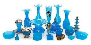 A Collection of Blue Opaline Glass Articles Height of tallest 12 inches.