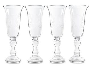 A Set of Four Etched Glass Hurricanes Height 25 1/2 inches.