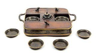 A Chinese Export Cloisonne Mounted Rosewood Smoking Tray Width over handles 12 1/2 inches.