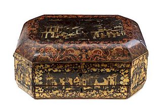 A Chinese Export Lacquered Game Box Height 5 x width 14 1/2 x depth 10 3/4 inches.
