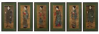 A Set of Six Japanese Paintings on Silk Each 26 1/4 x 10 1/2 inches.
