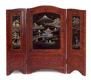 A Japanese Export Three Panel Floor Screen Height 35 5/8 x width 41 1/4 inches.