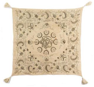 * An Ottoman Gold Metallic Embroidered Linen Table Cloth 33 x 33 inches.