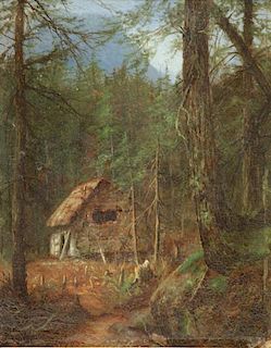 WOODWARD, Laura. Oil on Board. Cottage in Woods.