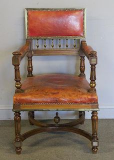 Regency Leather Upholstered Chair with Brass Trim.