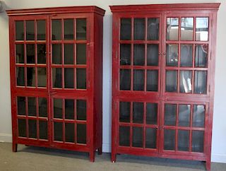 Pair of Red Painted Custom Cabinets.
