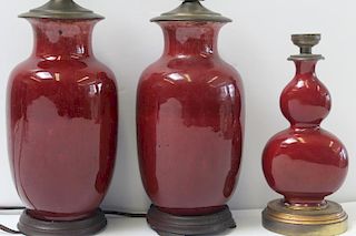 Lot of 3 Sang De Boeuf Porcelain Vases as Lamps.