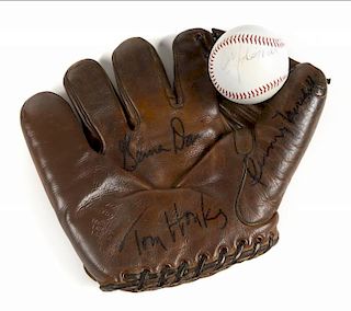 A LEAGUE OF THEIR OWN STARS SIGNED BASEBALL AND GLOVE