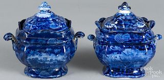 Two Blue Staffordshire ''Wadsworth Tower'' covered sugars, 19th c., 6 3/4'' h.