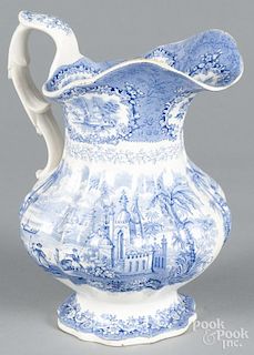 Blue Staffordshire Oriental pitcher, 19th c., marked by Ridgway, view number one, 10'' h.