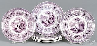 Eight purple Staffordshire ''Palestine'' plates, 19th c., impressed Adams, view number fourteen