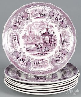 Seven purple Staffordshire ''Palestine'' plates, 19th c., impressed Adams, view number five