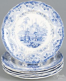 Six blue Staffordshire ''Mogul Scenery'' plates, 19th c., marked by Mayer, view number three
