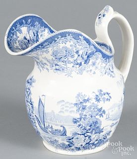 Blue Staffordshire ''Grecian Scenery'' pitcher, 19th c., marked by Phillips, 8 3/4'' h.