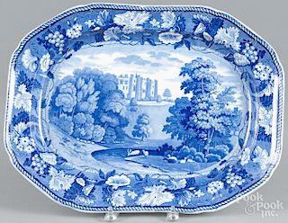 Blue Staffordshire ''Brancepeth Castle Durham'' platter, 19th c., impressed Wood & Sons, 14 1/4'' l.