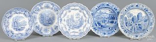 Three blue Staffordshire plates, 19th c., together with two soup bowls, to include ''Abbey Ruins''