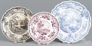 Three Historical Staffordshire plates, 19th c., to include a purple ''Battery & New York'', 8'' dia.