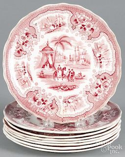 Eight red Staffordshire ''Palestine'' plates, 19th c., 8 1/2'' dia.