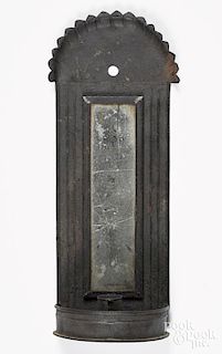 Tin wall sconce, 19th c., 13'' h., together with a small mirror, 7 1/2'' x 6 3/4''.
