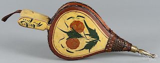 Painted bellows, 19th c., retaining its original vibrant yellow surface, 17'' l.