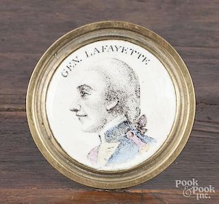 Battersea enamel tie back, ca. 1800, decorated with a bust of General Lafayette, 1 7/8'' dia.