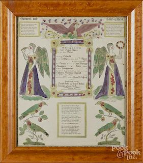 Blumer, Busch & Co. printed and hand colored fraktur birth certificate for Cassiana Knerr, b. 1853