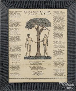 M. Dahlem, Philadelphia printed and hand colored Adam and Eve fraktur, 13 1/2'' x 10 1/2''.