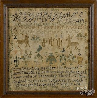 Silk on linen sampler, dated 1841, possibly Ohio, wrought by Elizabeth Pascoe, 15 3/4'' x 15 3/4''.