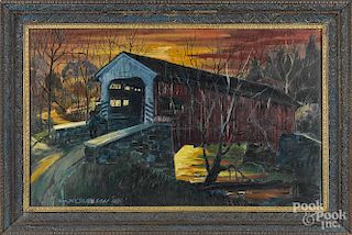 Charles X. Carlson (American 1902-1991), oil on board landscape with a covered bridge, signed