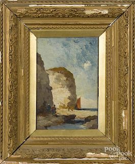 Oil on canvas coastal scene, ca. 1900, 9'' x 6''.
