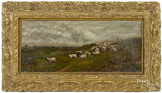 Oil on canvas landscape, late 19th c., with sheep, 10'' x 23''.