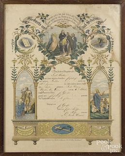 Schafer and Koradi, printed fraktur birth certificate, dated 1862, 15'' x 12''.