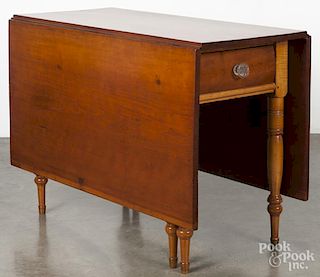 Sheraton curly maple drop leaf table, ca. 1830, 30 1/4'' h., 20'' w., 43'' d.