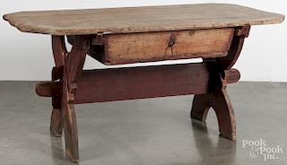 Painted pine sawbuck table, early 19th c., 30'' h., 66 1/2'' w., 34'' d.