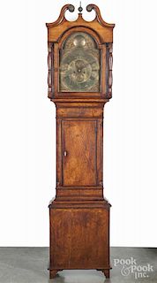 Scottish oak tall case clock early, 19th c., with a brass face, signed Taylor Dumfries, 91'' h.
