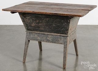 Painted pine dough box table, early 19th c., retaining a scrubbed blue/gray surface, 27 1/2'' h.