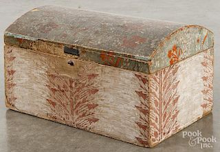 New England wallpaper covered dome lid box, mid 19th c., 10'' h., 18 1/4'' w.