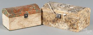 Two wallpaper covered dome lid boxes, mid 19th c., 5'' h., 10'' w. and 4 3/4'' h., 8'' w.