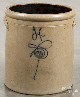 Stoneware crock, 19th c., with a cobalt 4 above a flower, 12'' h.