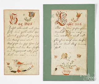 Two Pennsylvania ink and watercolor bookplates, one dated 1836, with tulip and bird decoration