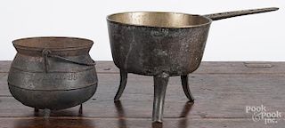 Bronze posnet pot, 19th c., the handle inscribed Wescott VI, 17'' l.