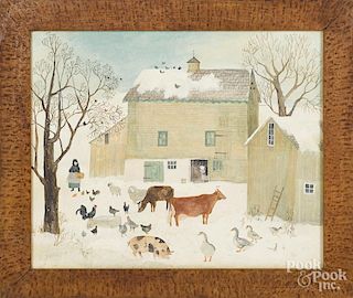 Jeanne Davies (American, b. 1936), oil on canvas winter farmscene, signed lower left, 20'' x 24''.