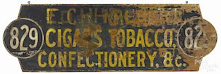 Painted Cigars, Tobacco, and Confectionery sign, early 20th c., 18 1/4'' x 58''.